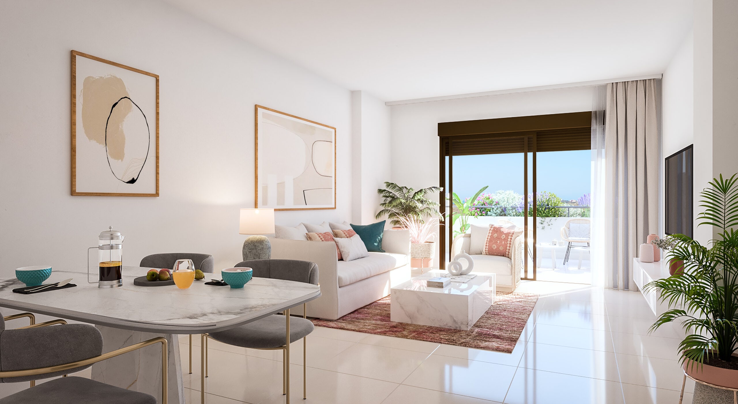 Salón comedor moderno con terraza en propiedad de inmobiliaria en la Costa del Sol